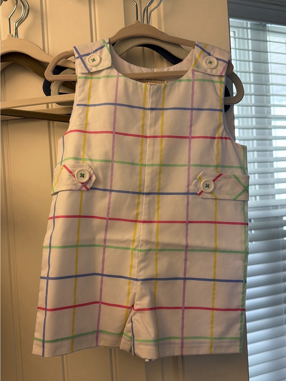 The Beaufort Bonnet Company White Romper with Pastel Plaid